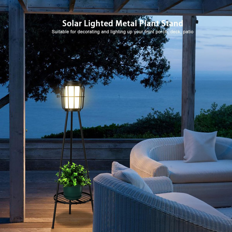 Solar Lights With Plant Stand Solar Floor Lamps Waterproof Solar Powered Outdoor Lights Flower Shelf For Patio Porch Deck Yard Garden Decor